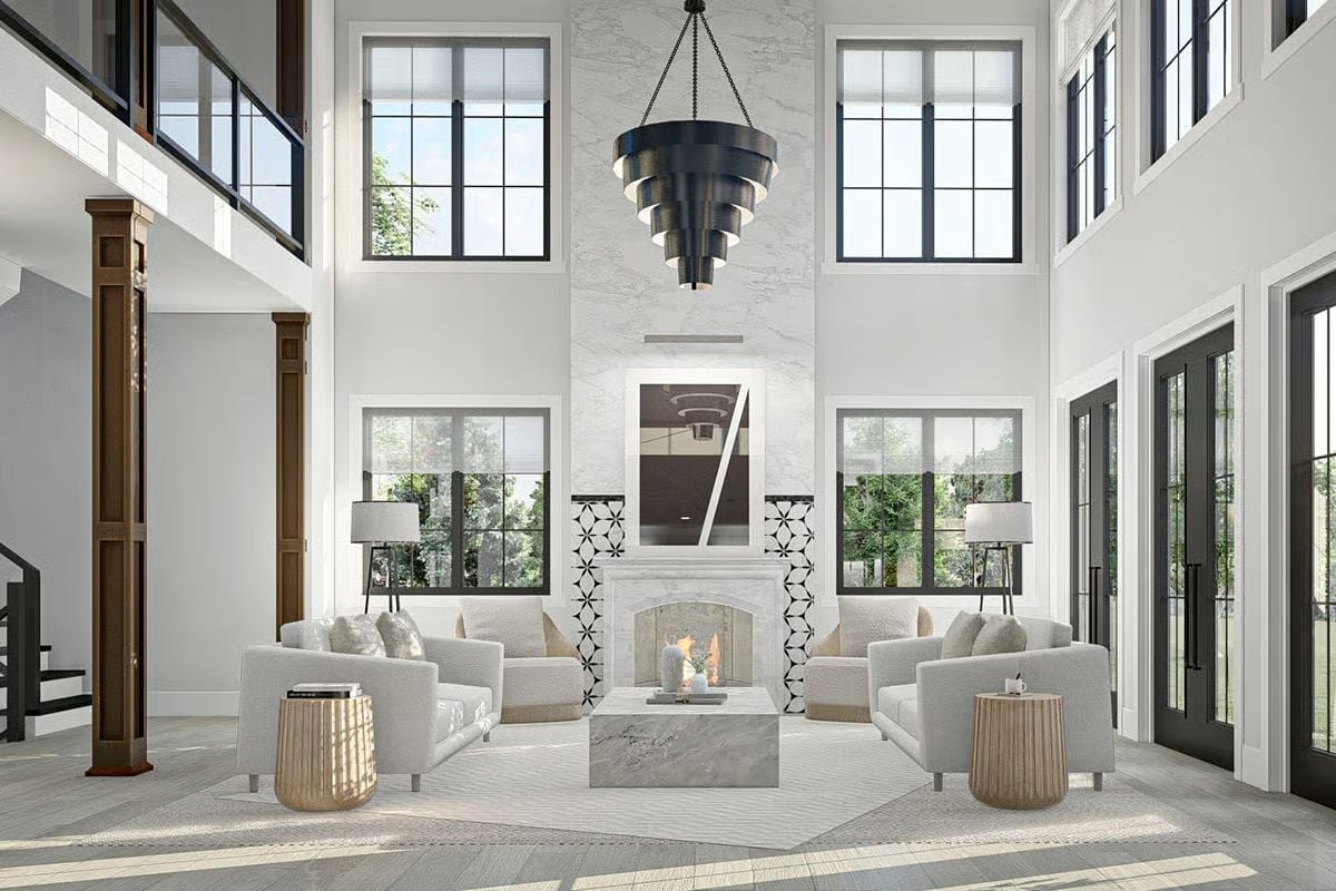 Double-Height Ceilings and a Marble Fireplace Wall That Earns Every Inch
