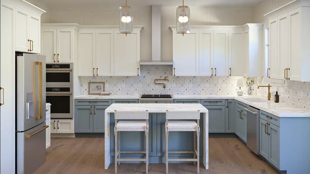 Blue-Gray Lower Cabinets Pull Double Duty in a Kitchen That Could've Played It Safe