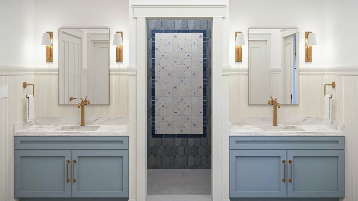 Dual Vanities and Delft-Style Shower Tile That Justify the Whole Renovation