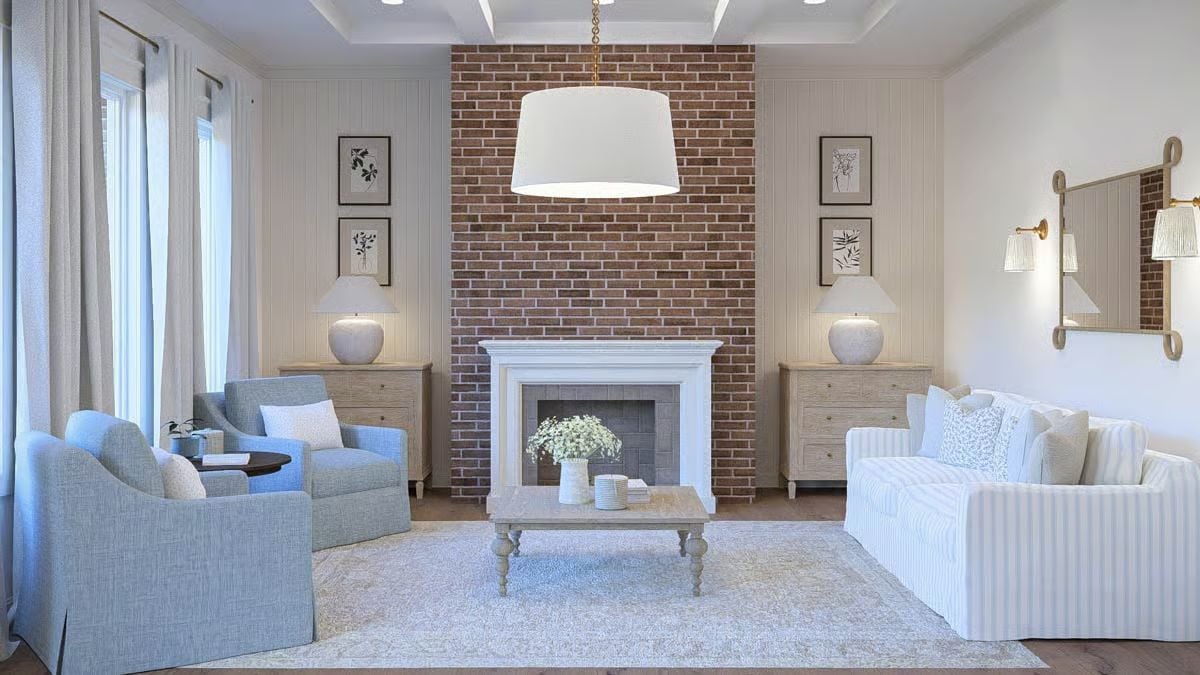 Exposed Brick Chimney Stack Earns Its Place as the Room's Focal Point