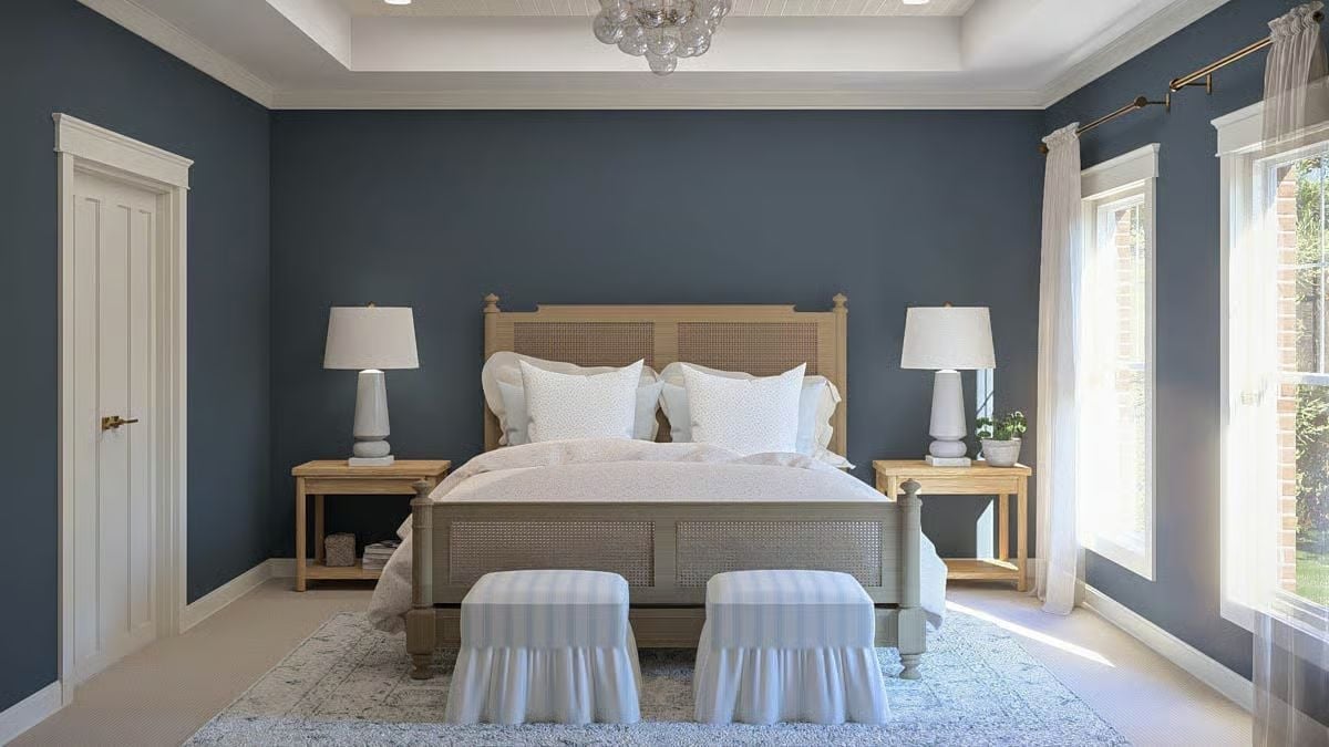 Navy Walls and Cane Furniture Prove Moody Bedrooms Don't Need to Feel Heavy