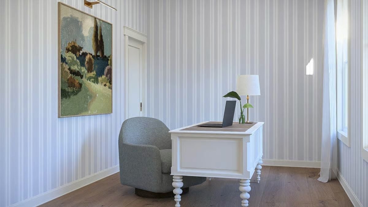 Striped Wallpaper and a Turned-Leg Desk Make a Home Office Worth Sitting In