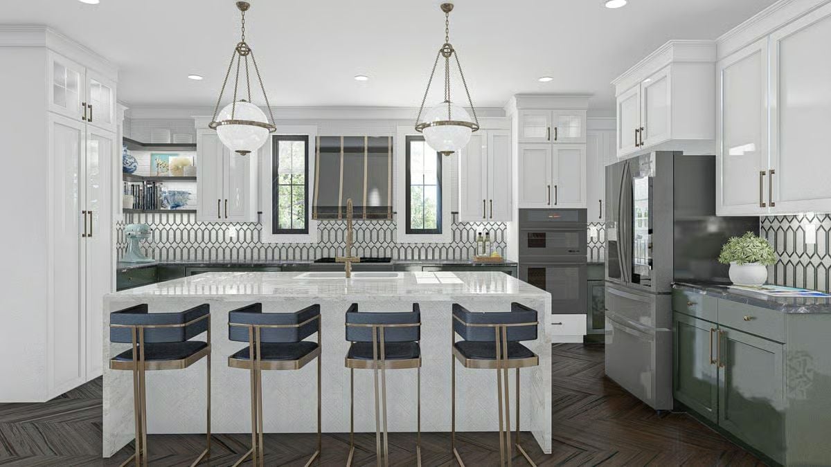 Brass Pendants and Navy Barstools Pull This White Kitchen Away From Safe