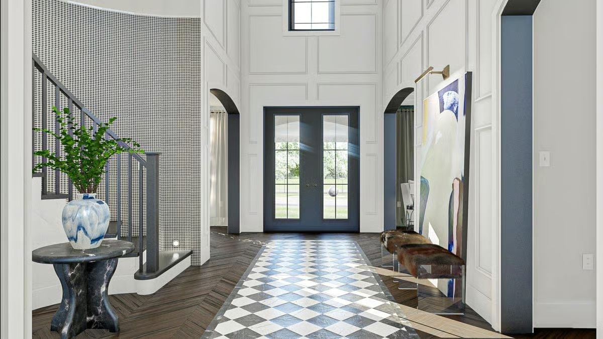 Checkered Marble Runner Meets Herringbone Wood in a Two-Story Entry That Means Business