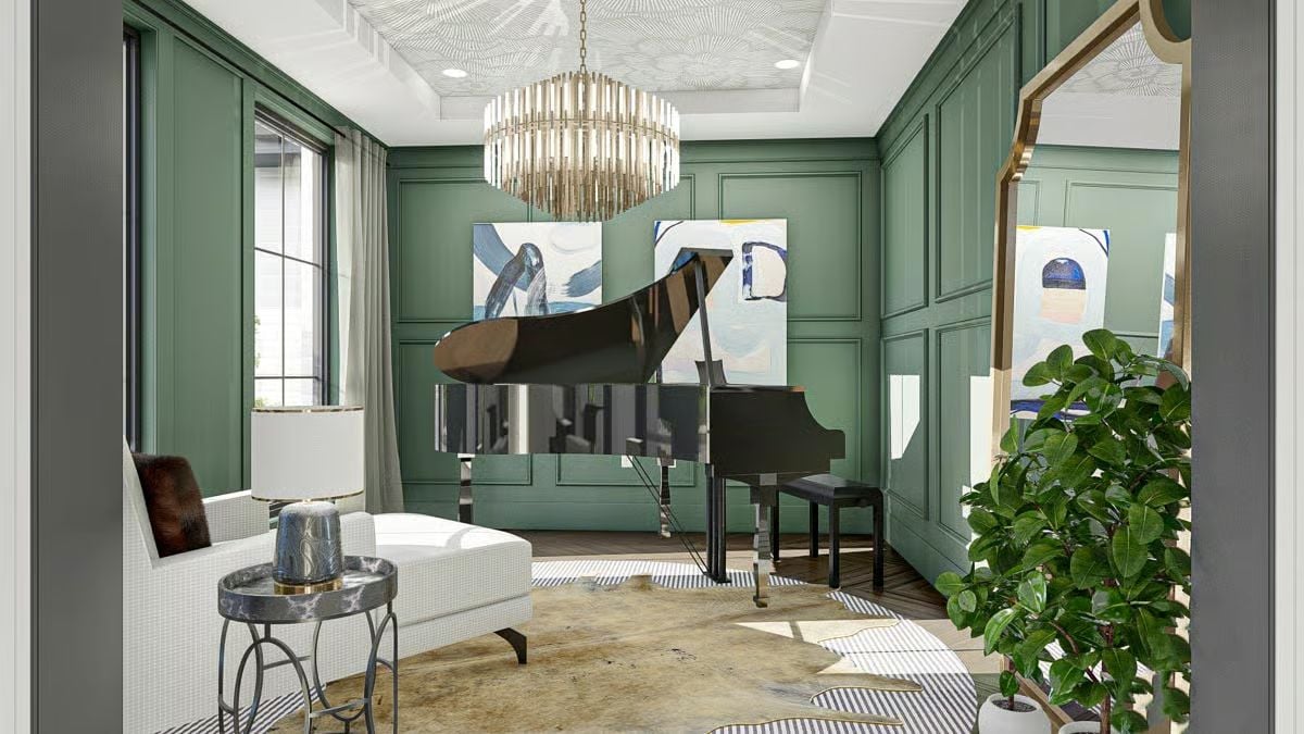 Forest Green Paneling and a Grand Piano Make This Music Room Unapologetically Serious