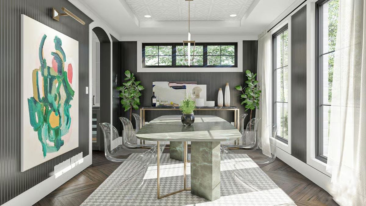 Green Marble and Ghost Chairs Prove a Dining Room Can Go Bold Without Going Loud