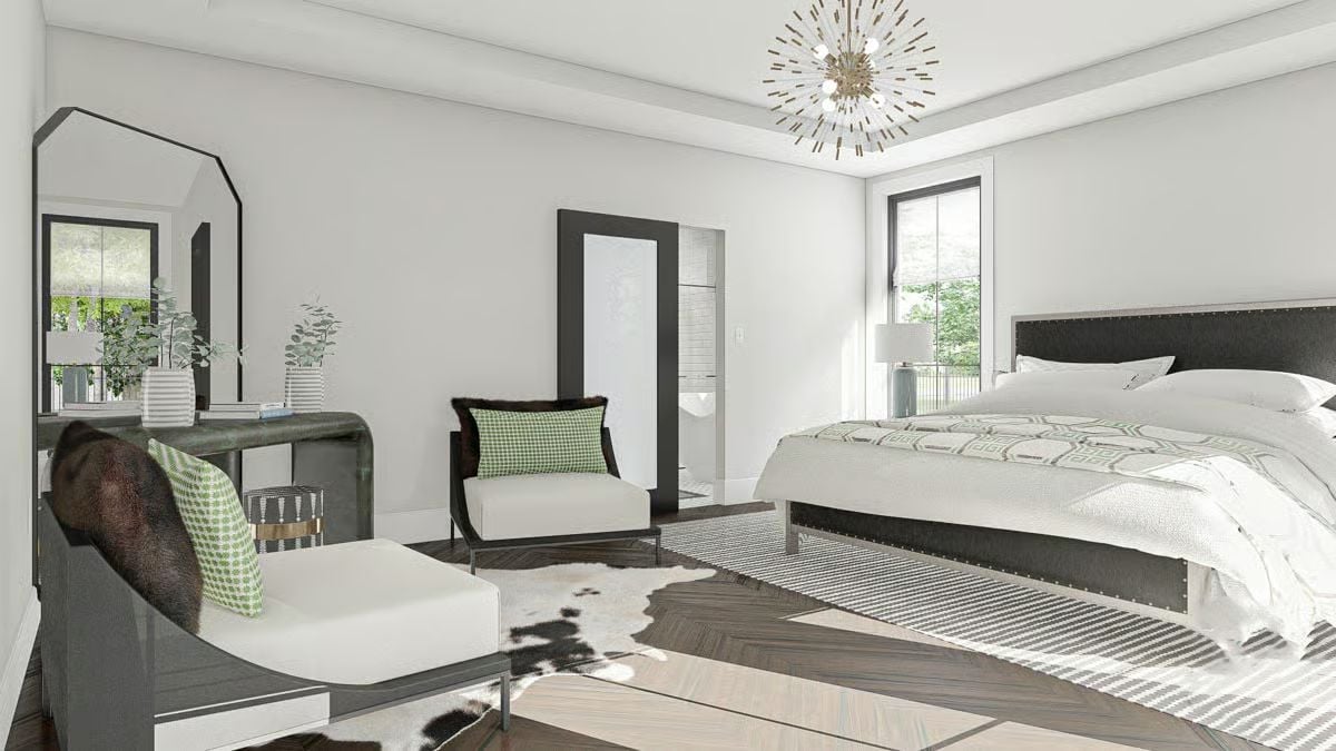 Sputnik Chandelier and Cowhide Rug Keep This Bedroom from Playing It Too Safe