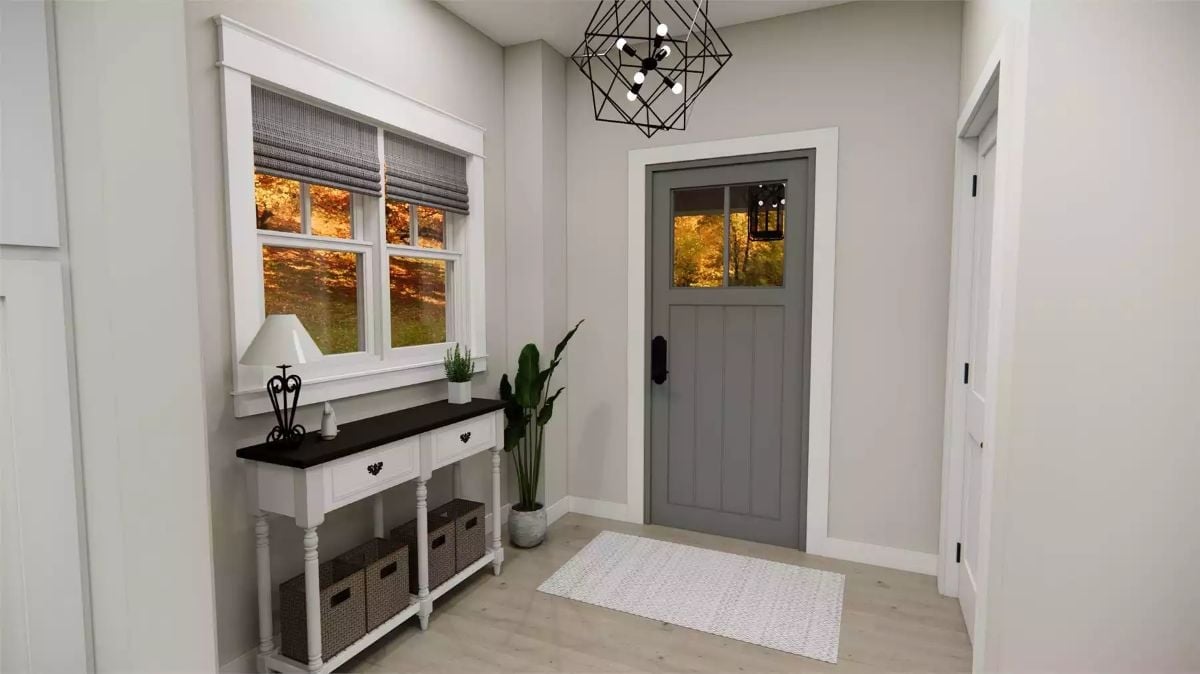 Craftsman Door, Geometric Chandelier — Entryway That Sets the Tone Early