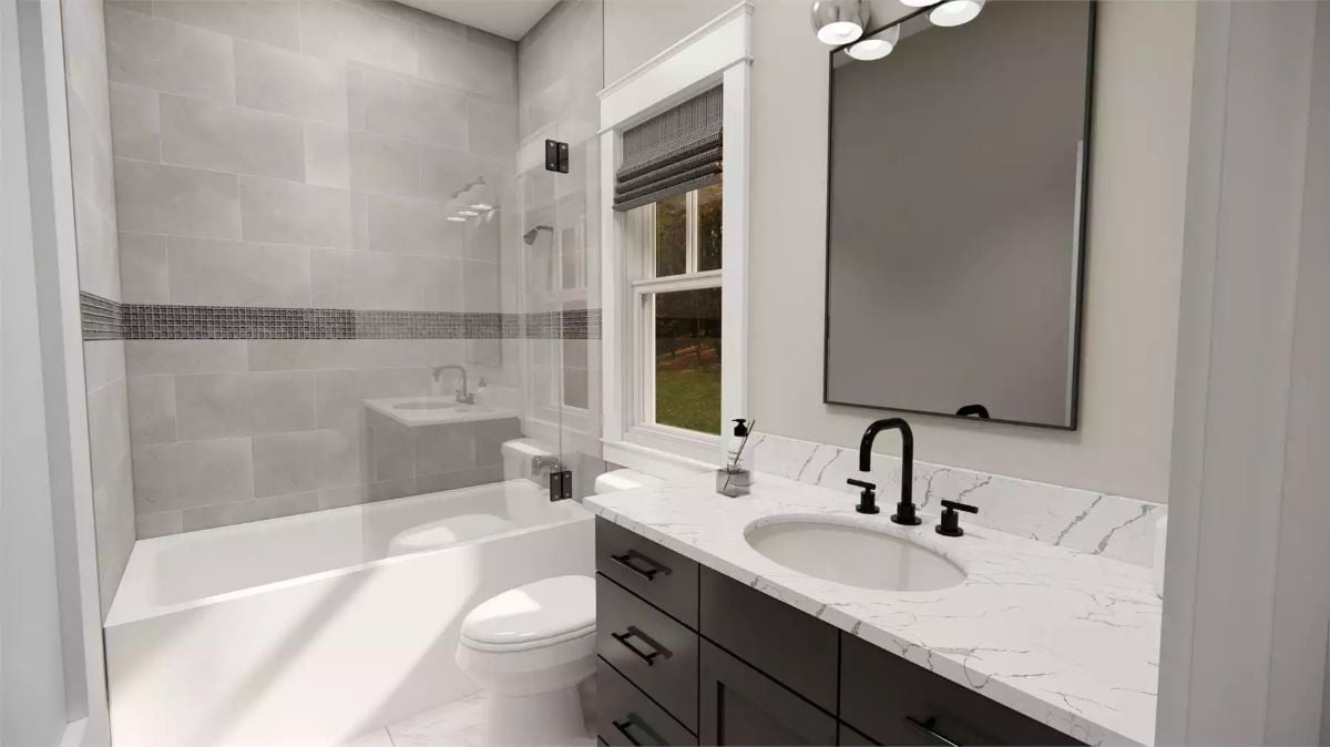 Marble Countertop, Matte Black Fixtures — Bathroom That Knows What It's Doing