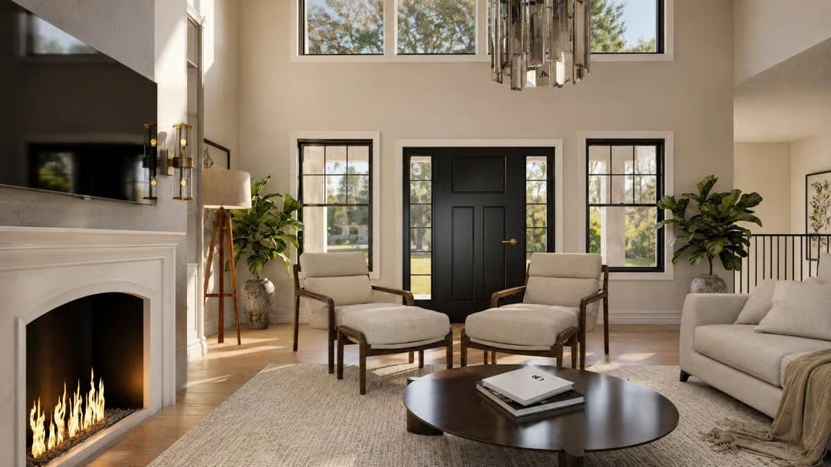 Cream Chairs, a Dark Front Door, and a Fireplace That's Actually Lit