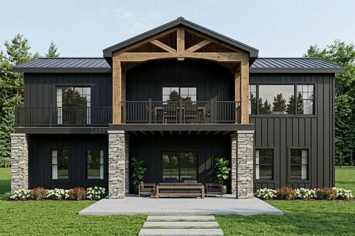 Dark Exterior With Exposed Timber Framing and a Covered Second-Story Deck