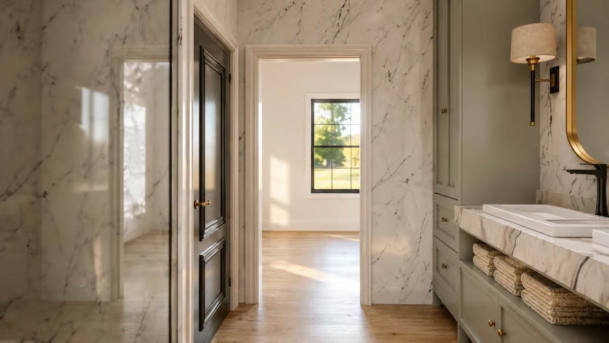 Marble Walls, a Black Door, and Towels Stacked Like They Mean It