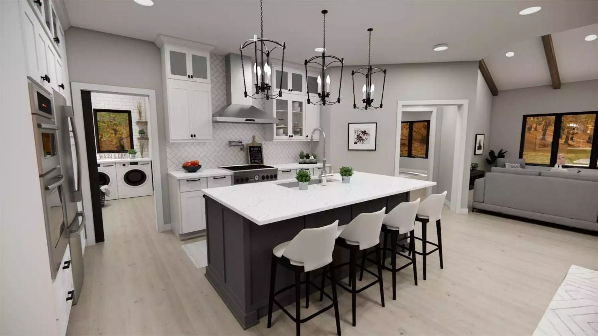 Dark Island Base, White Quartz Top, and Three Pendant Lights That Mean Business