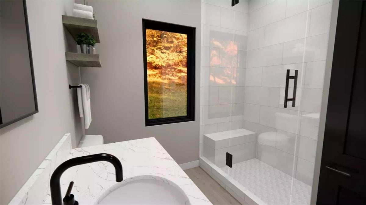 Quartz Countertop, Matte Black Hardware, and a Shower Bench Built to Stay