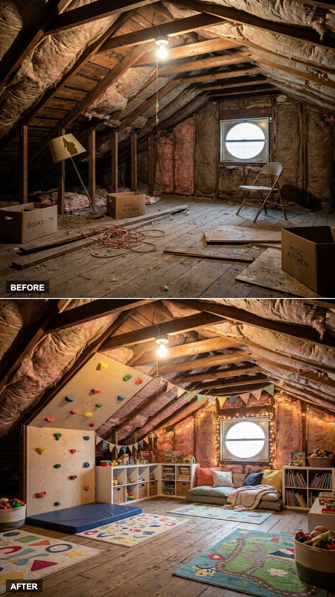 A Climbing Wall and Reading Nook Make the Roofline Part of the Playroom
