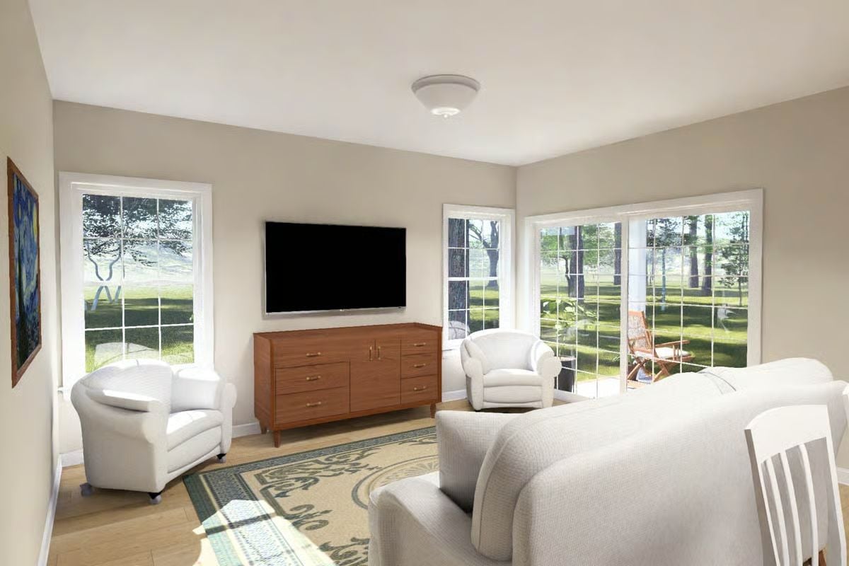 Warm Wood Credenza Anchors a Living Room That Actually Breathes