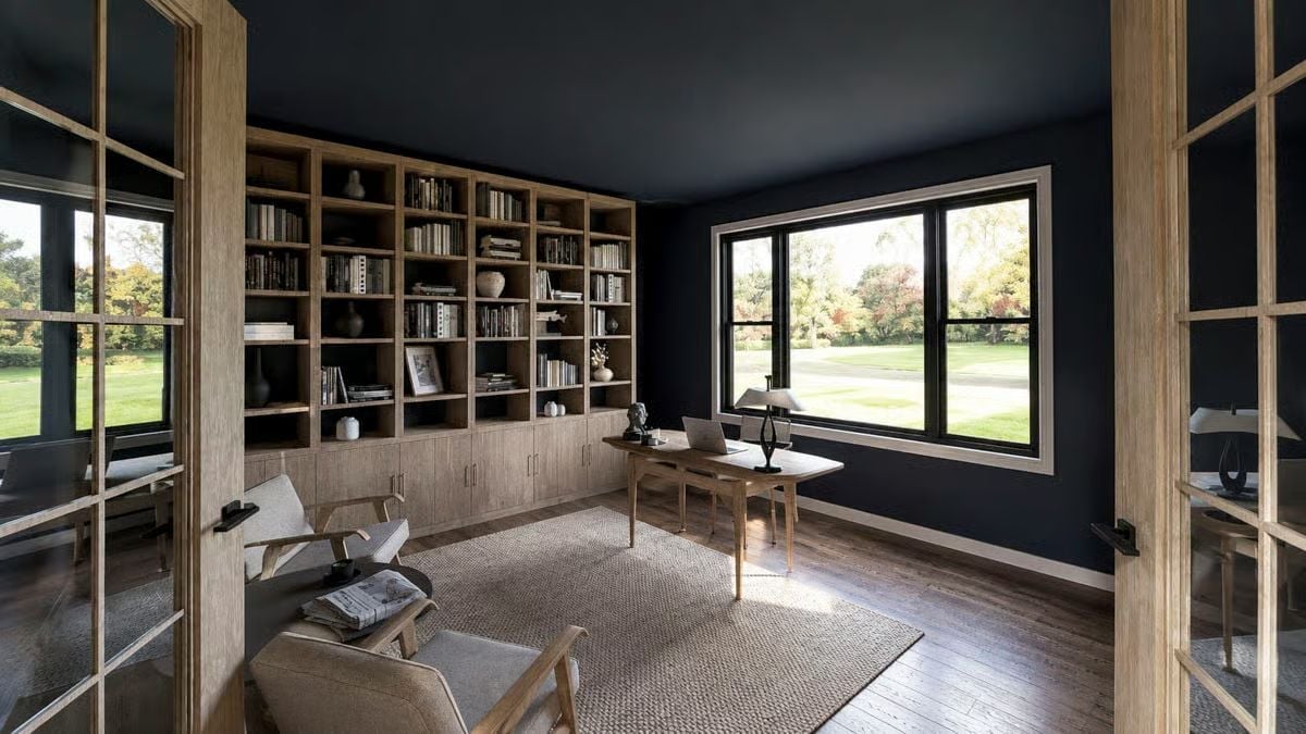 Painted Ceilings and Built-In Shelving Make This Home Office Worth Closing the Door