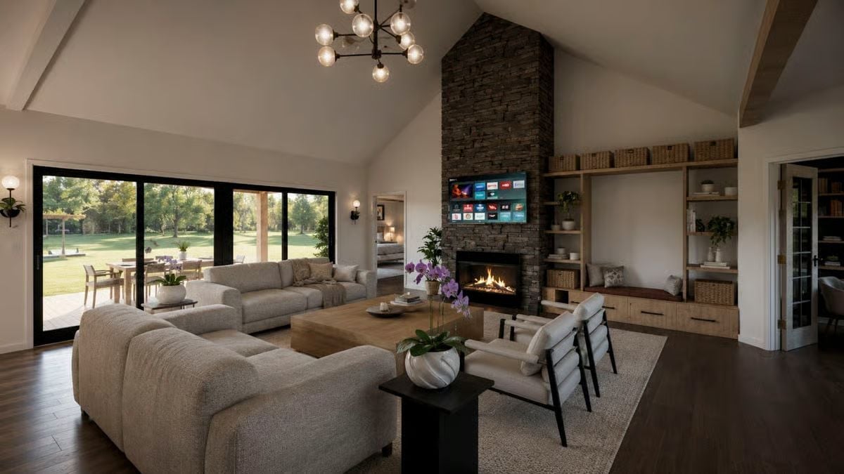 Vaulted Ceilings and a Stone Fireplace Tower Make the Living Room Hard to Leave