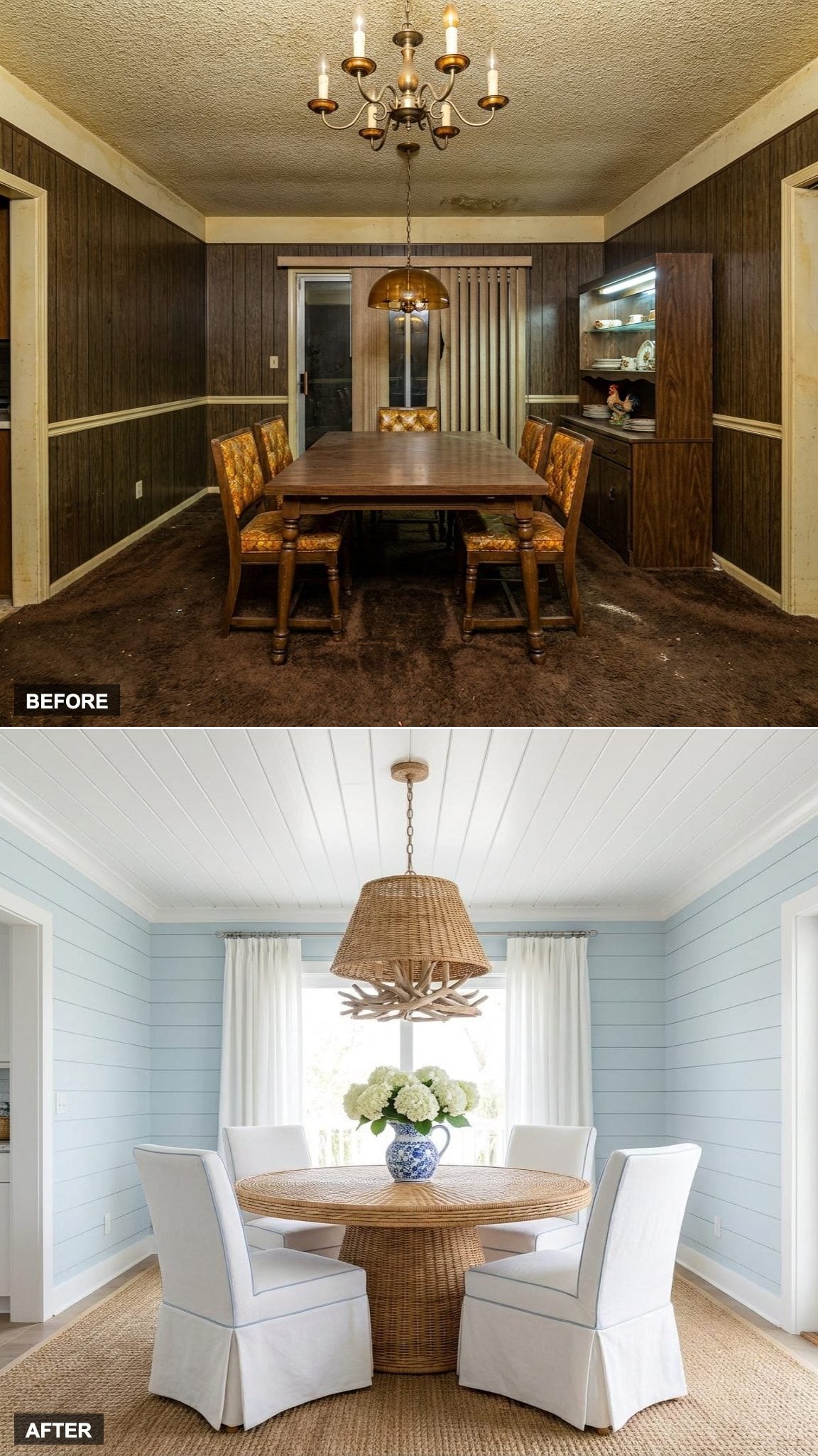 Coastal Grandmother Chic with Soft Blue Shiplap and Sea-Worn Rattan