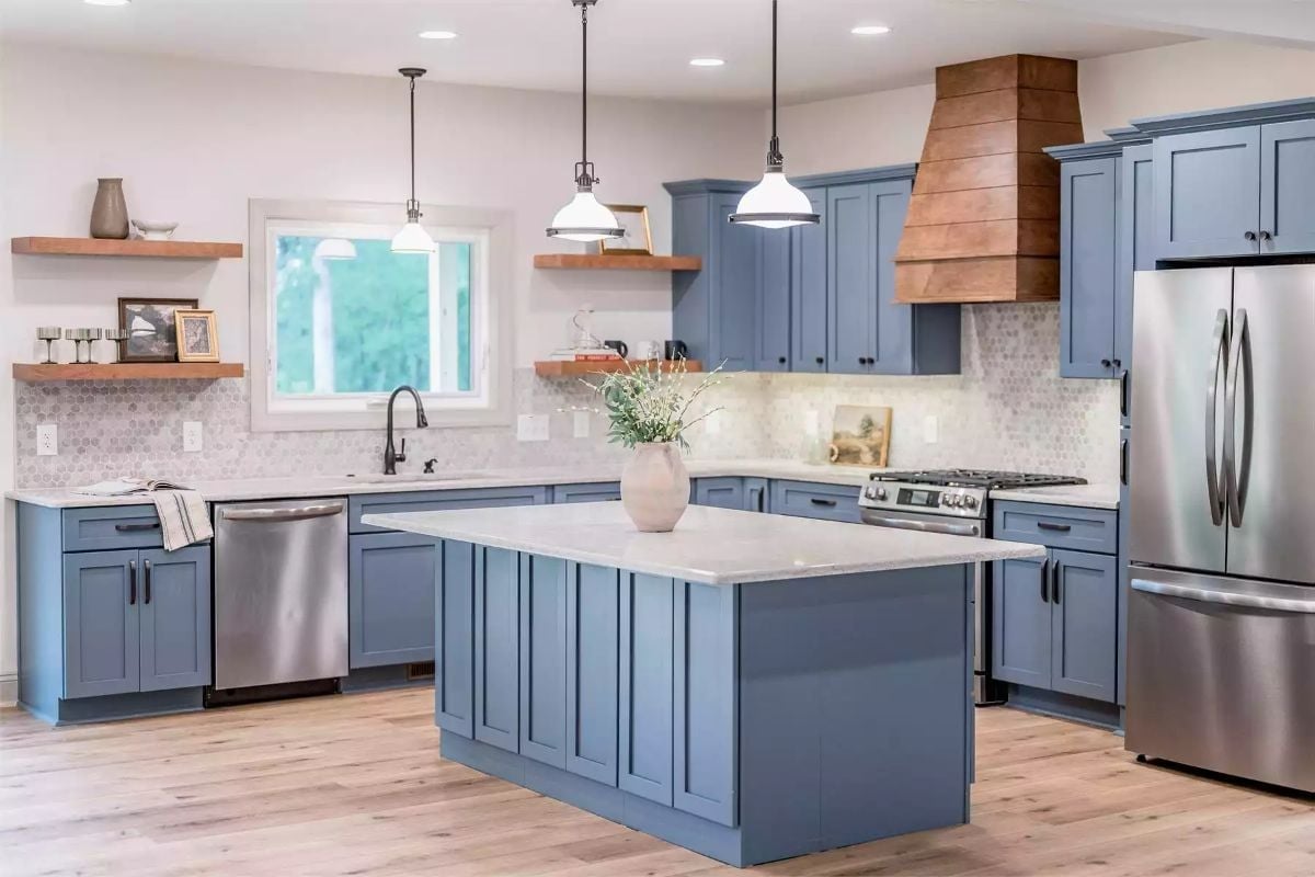 Slate-Blue Cabinets and a Wood Range Hood That Actually Belong Together