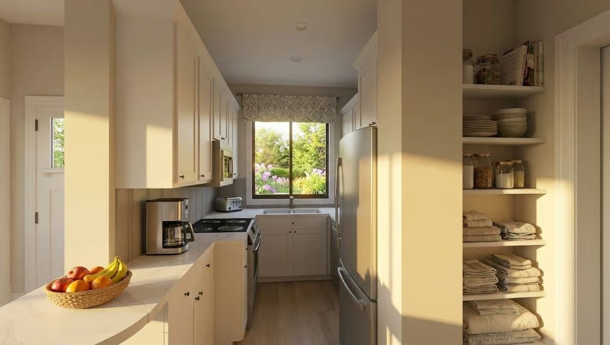 Galley Kitchen Proves a Stainless Fridge and Fruit Bowl Can Carry a Whole Room