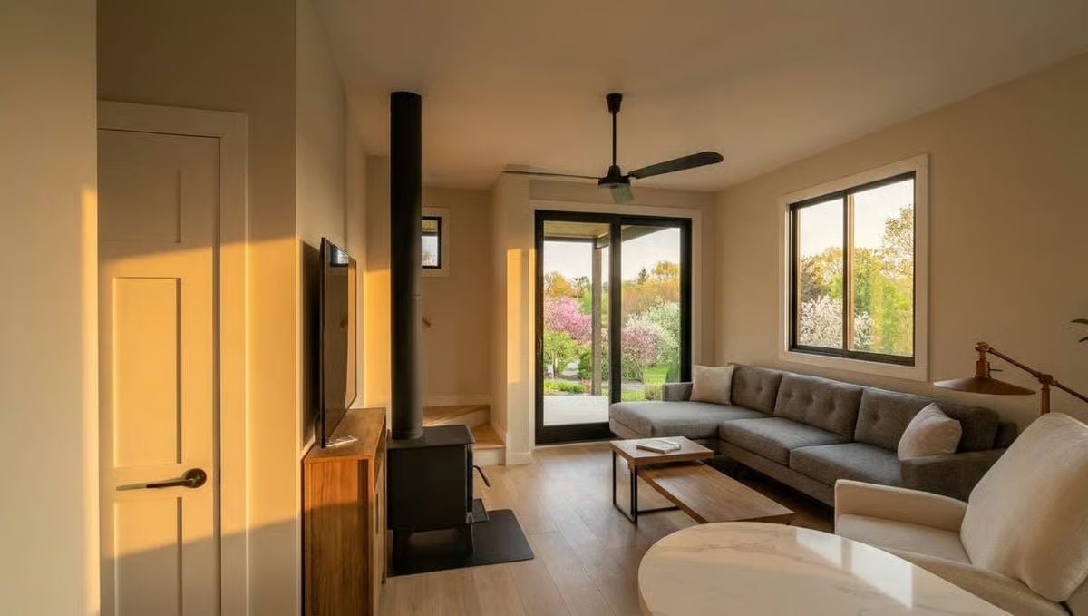 Golden Hour Light and a Wood Stove Make This Tiny Feel Twice Its Size