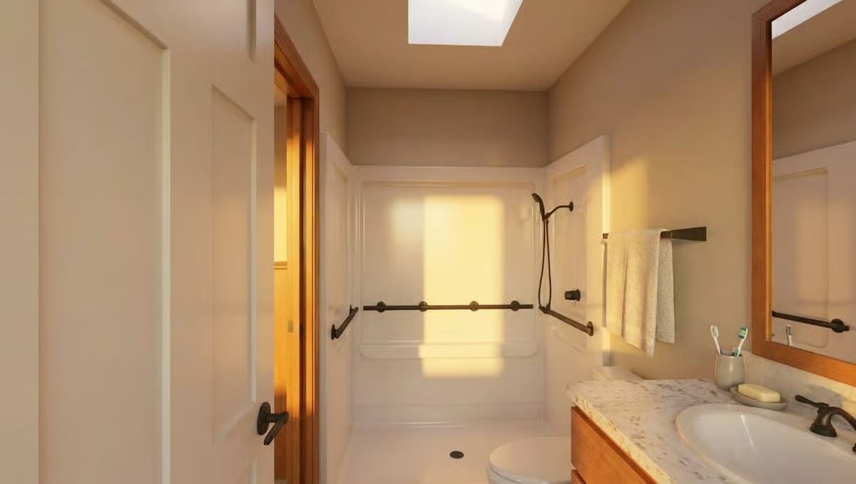 Grab Bars Done Right: How This Roll-In Shower Hides Its Accessibility Hardware in Plain Sight