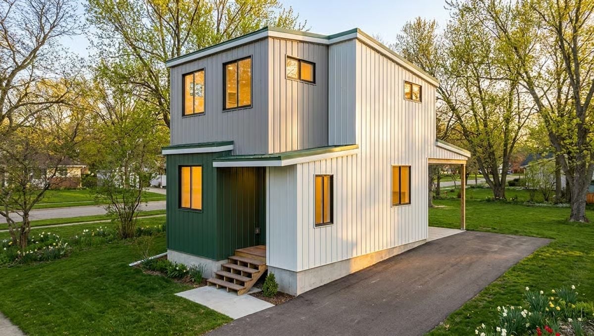 Vertical Metal Siding and a Green Entry Canopy Make This Tiny Look Taller Than It Is