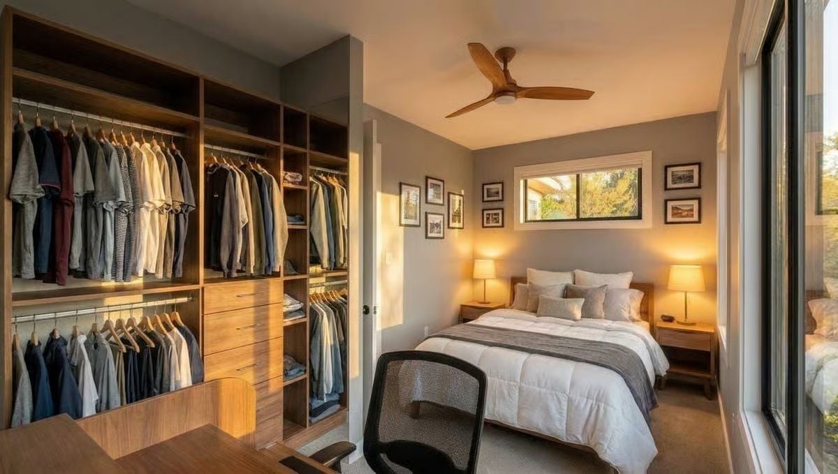 Walnut Closet Built-Ins and a Ceiling Fan That Actually Belongs Here