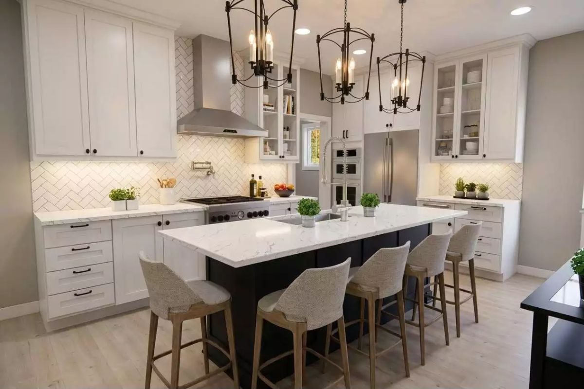 Dark Island Base Against White Cabinetry Pulls the Whole Kitchen Into Focus
