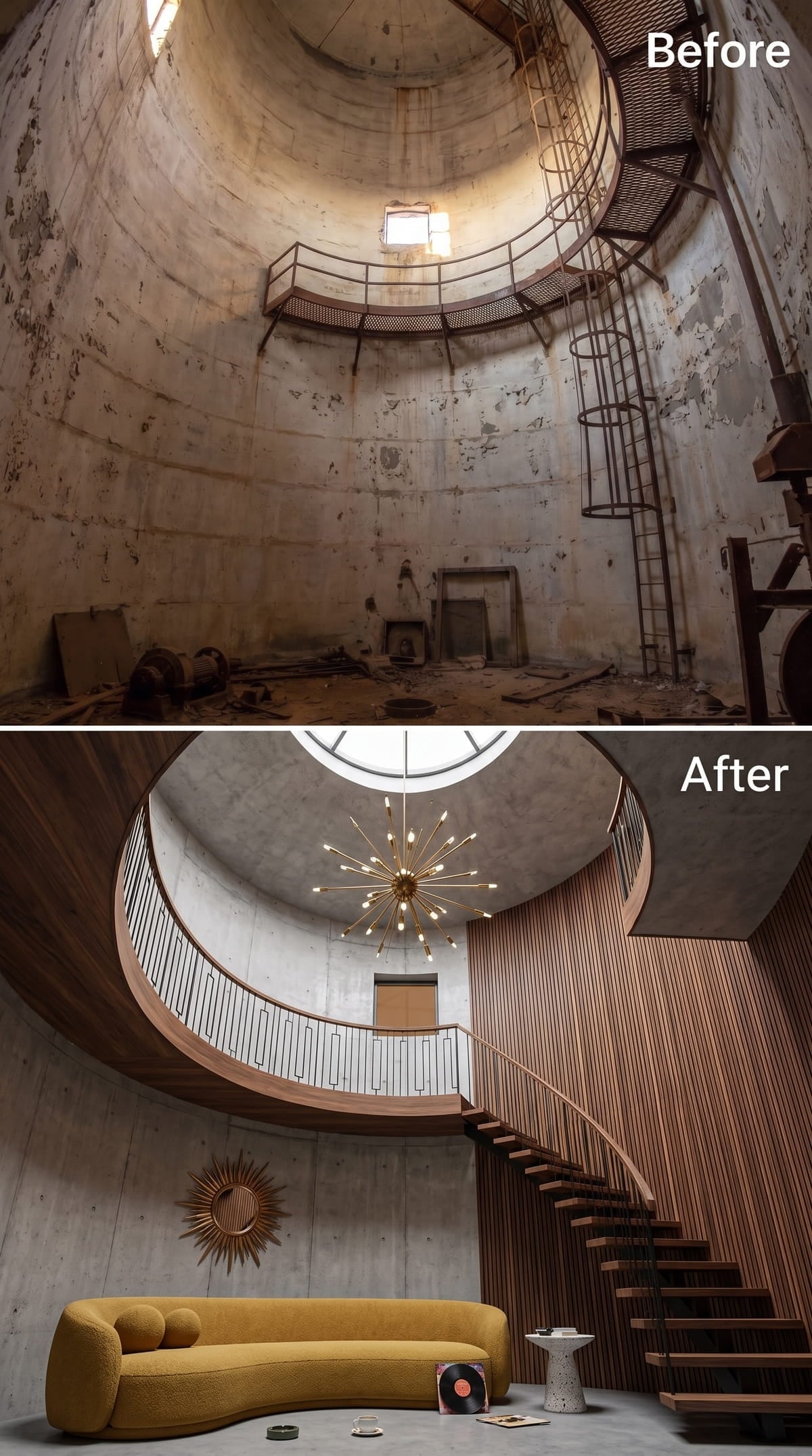 Bare Concrete Gets Rescued by Fluted Wood Paneling and a Sputnik Chandelier