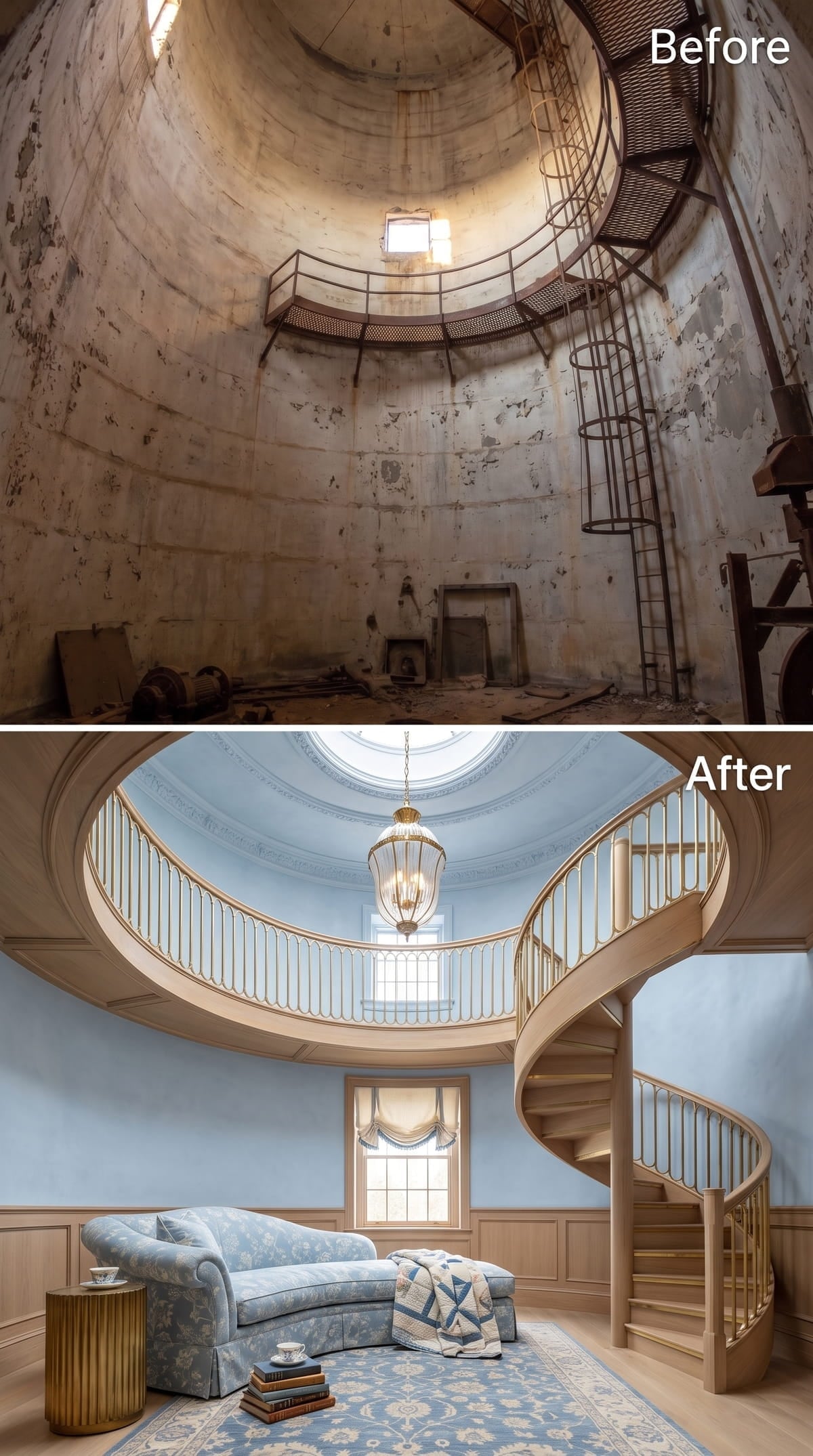 Blue Plaster, a Lantern Pendant, and an Oak Spiral That Earns Every Inch