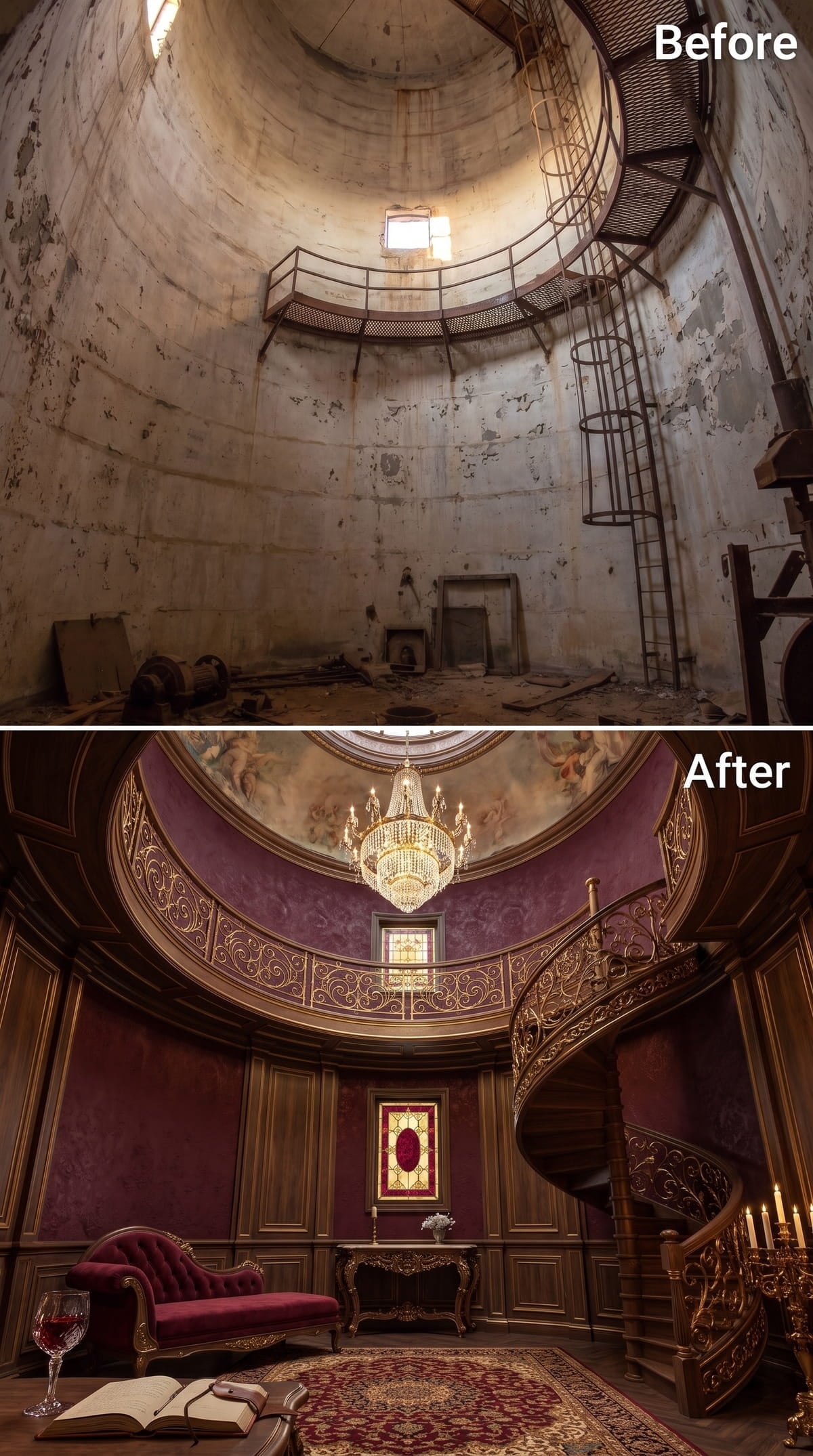 Burgundy Plaster, Gold Scrollwork Railings, and a Chandelier That Owns the Room