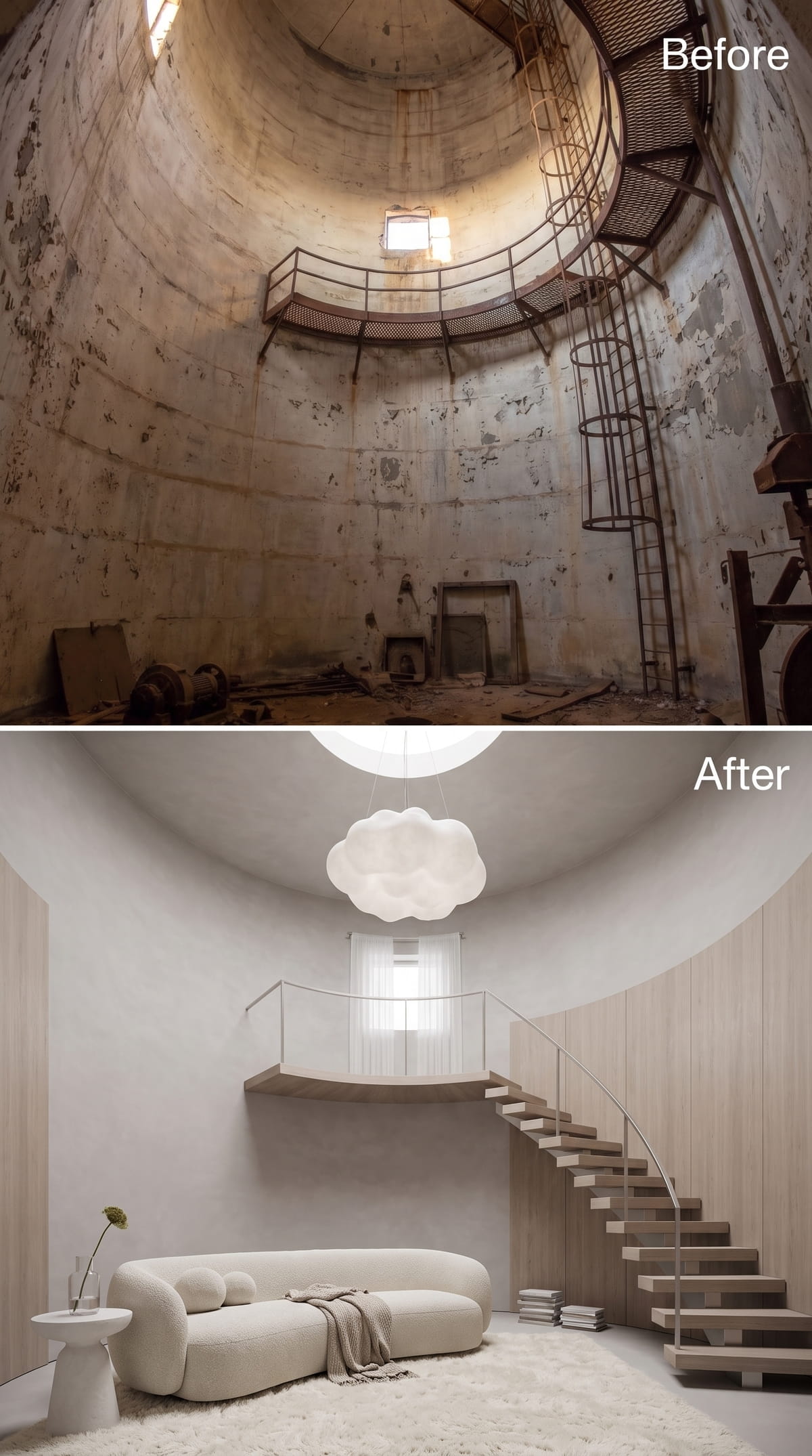 Cloud Pendant, Floating Treads, and a Skylight Over an Almost-All-White Room