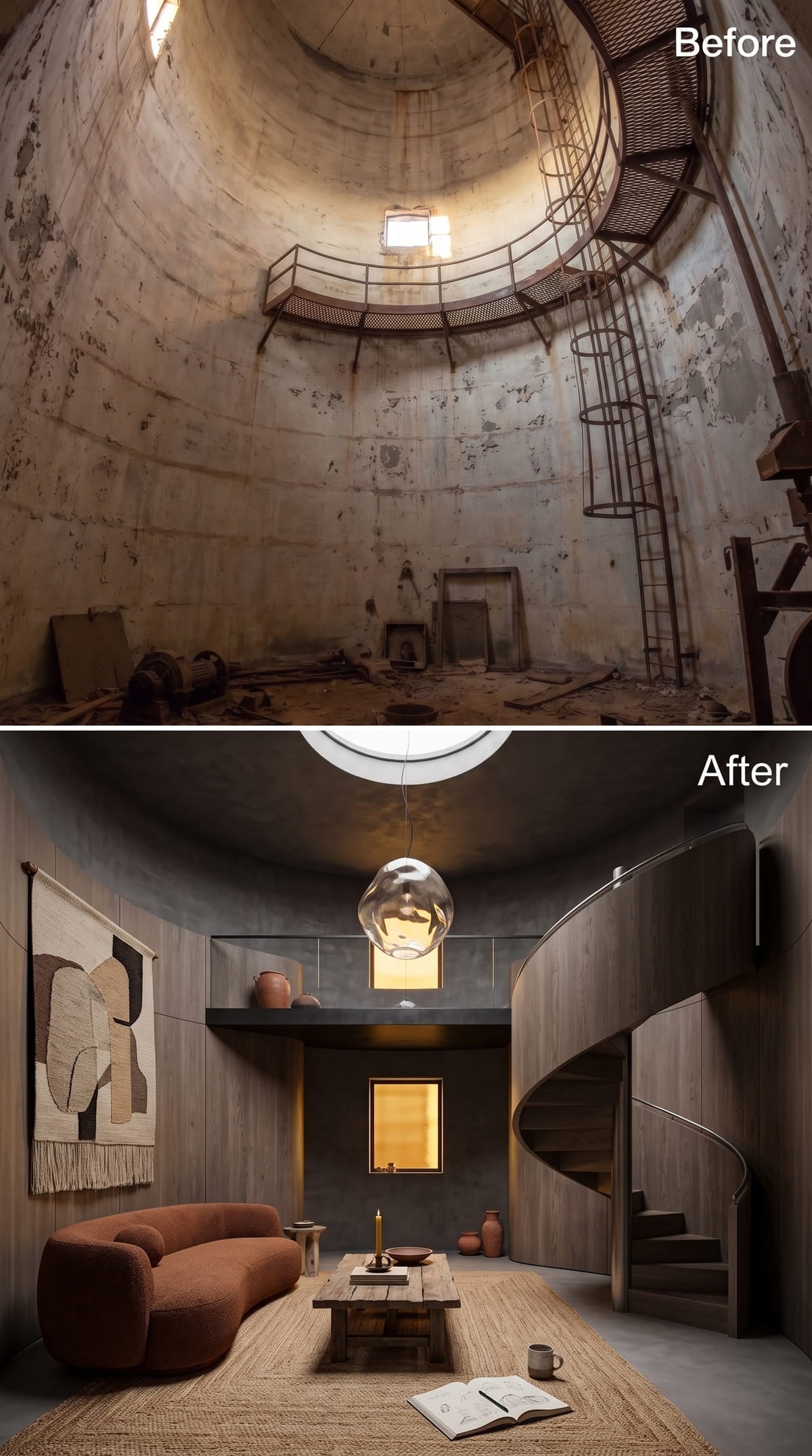Curved Wood Panels and a Globe Pendant Inside a Silo Living Room