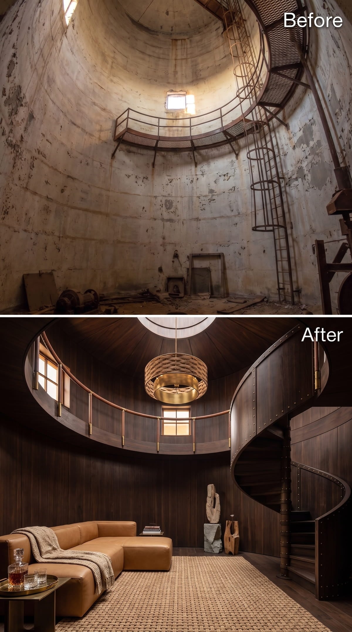 Dark Steel Paneling, a Barrel Pendant, and a Spiral Stair Built for Drama