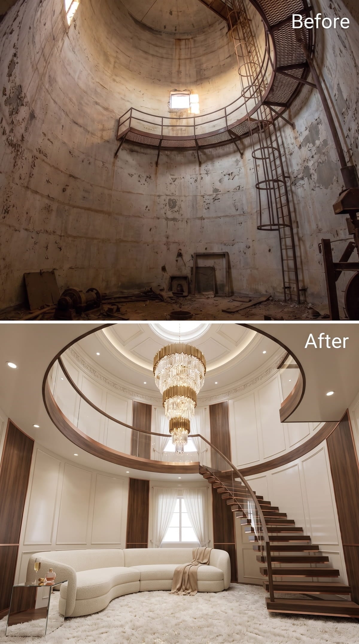Ivory Paneling, a Tiered Crystal Chandelier, and a Staircase That Floats
