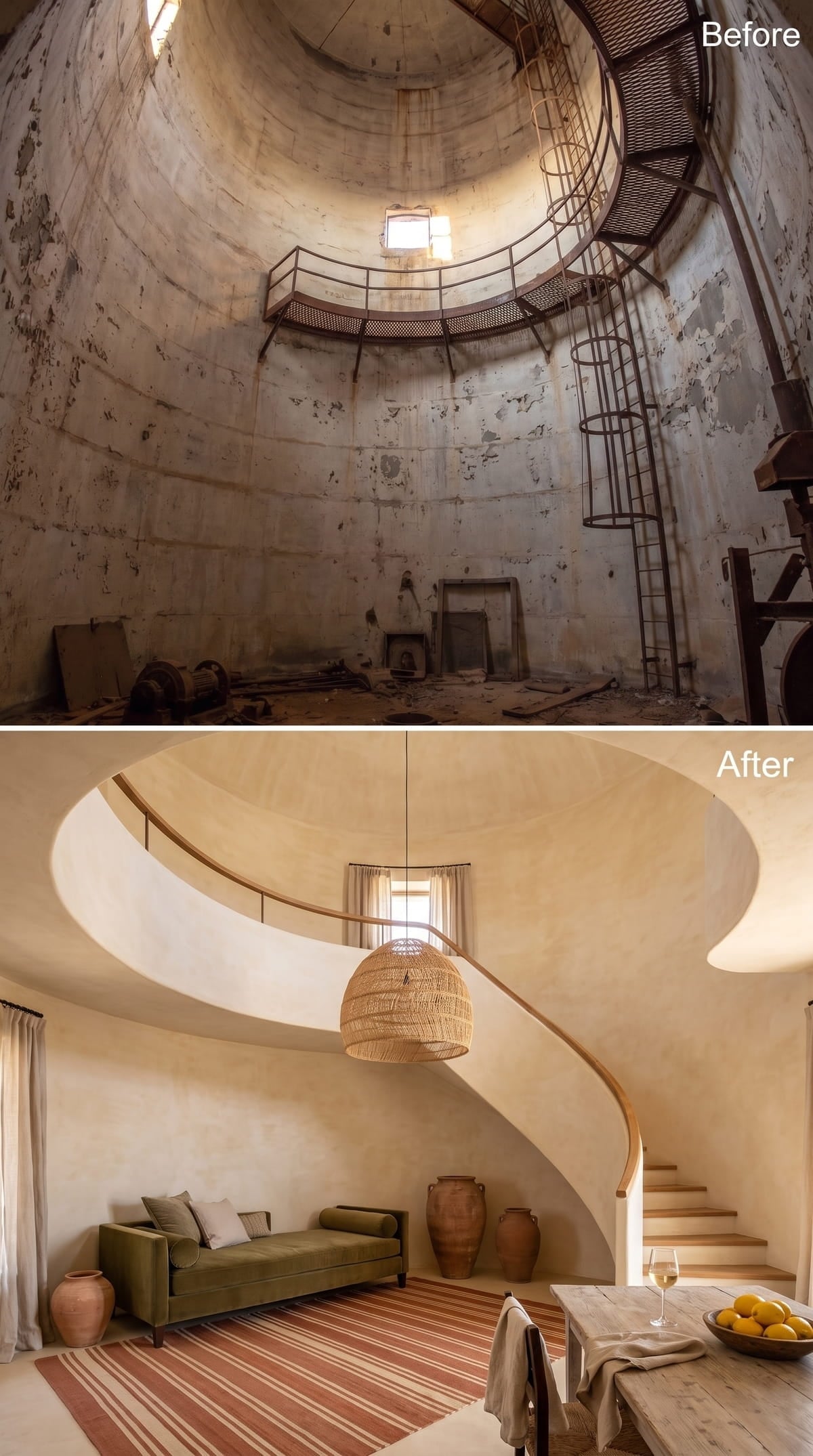 Limewashed Walls, a Woven Pendant, and Stairs That Curve Like They Mean It