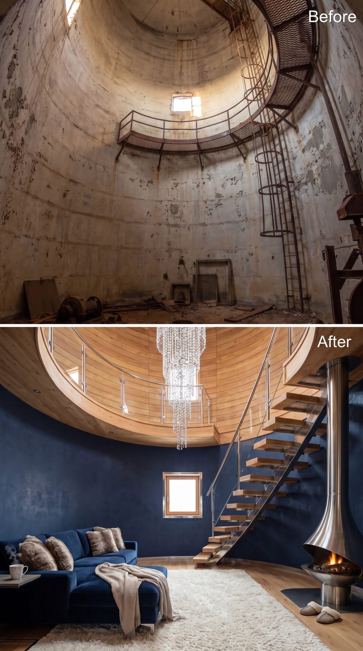 Navy Plaster, a Crystal Chandelier, and Floating Oak Treads Inside a Circular Room