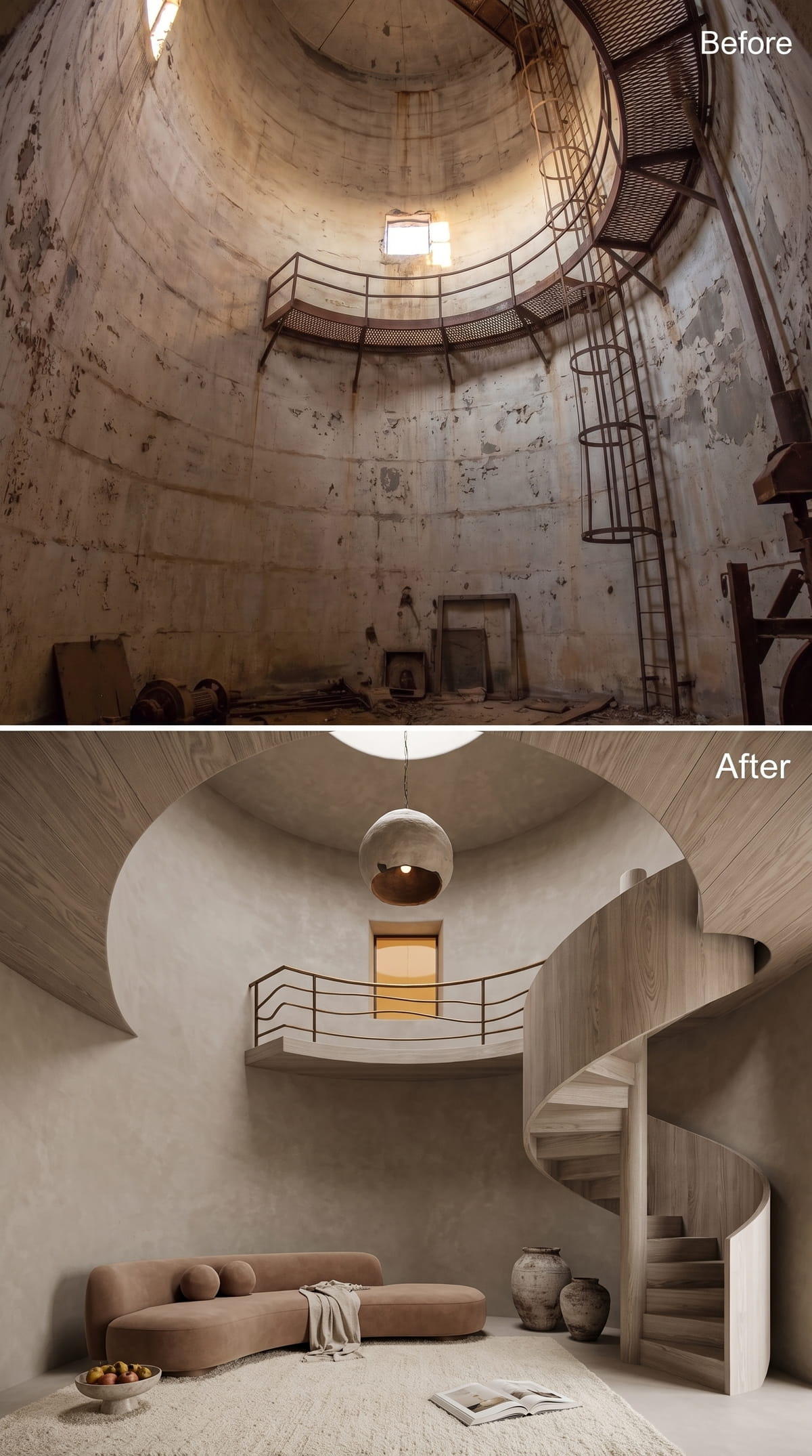 Plaster Walls, an Oak Spiral Stair, and a Pendant That Looks Like It Grew Here