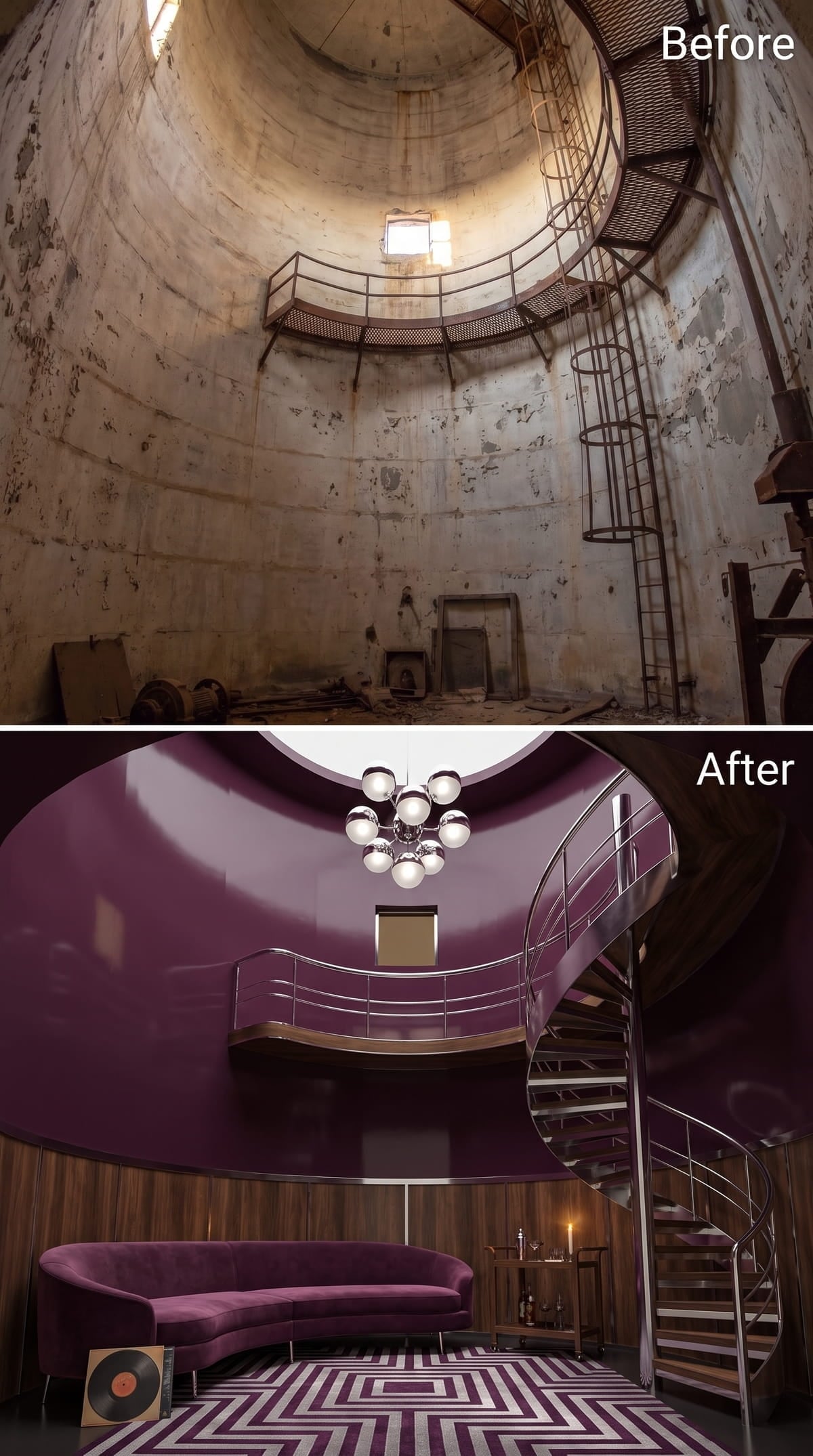 Plum Lacquer Walls, Chrome Railings, and a Spiral Stair That Owns the Room