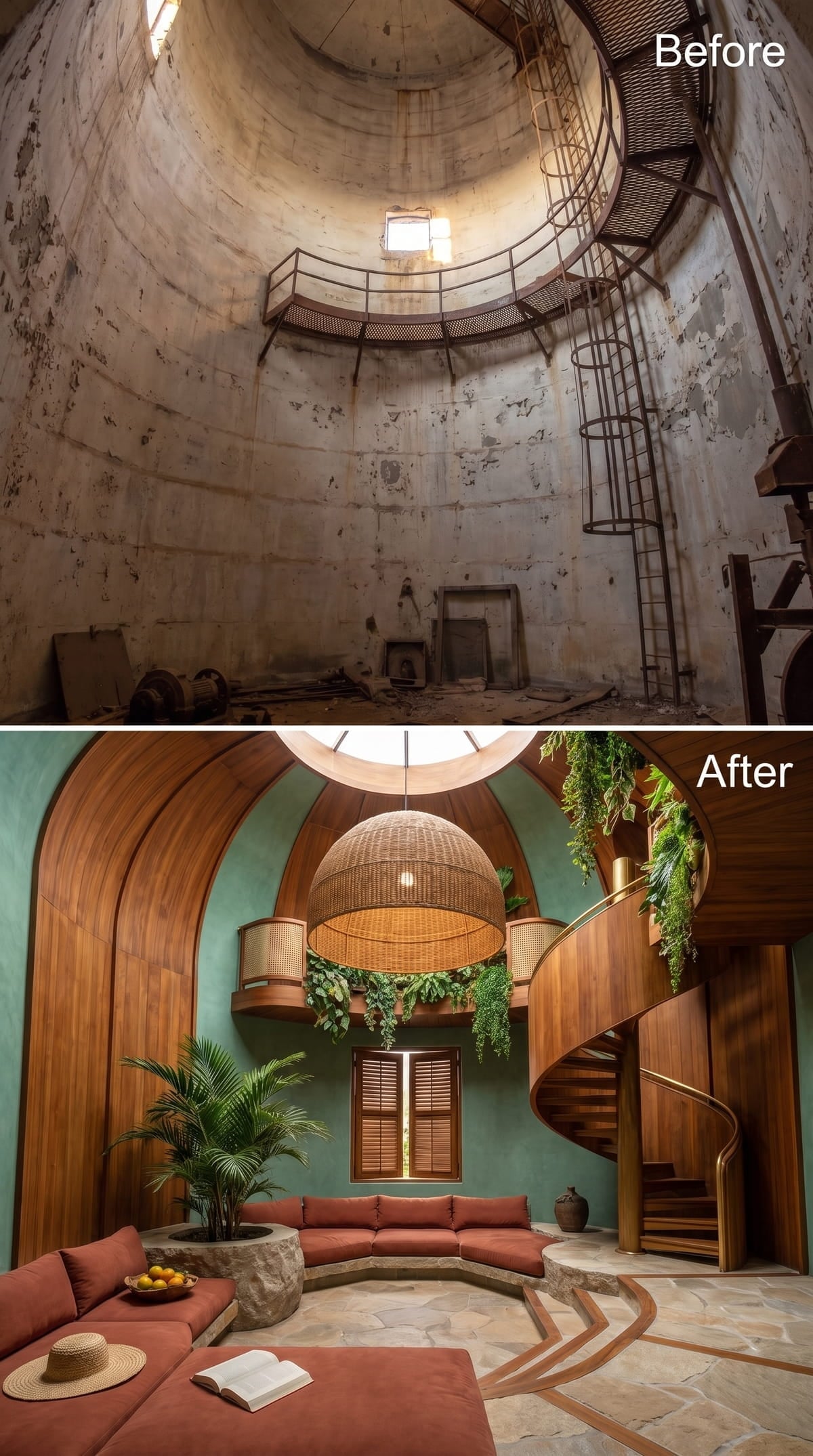 Moss-Green Plaster, a Woven Dome Pendant, and a Spiral Stair Wrapped in Dark Wood