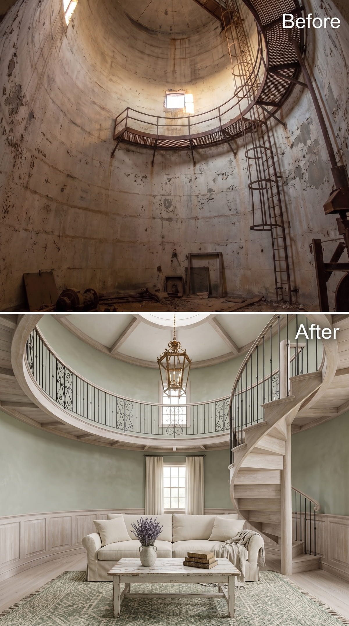 Sage Walls, Wrought Iron Railings, and a Spiral Stair That Earns Its Place