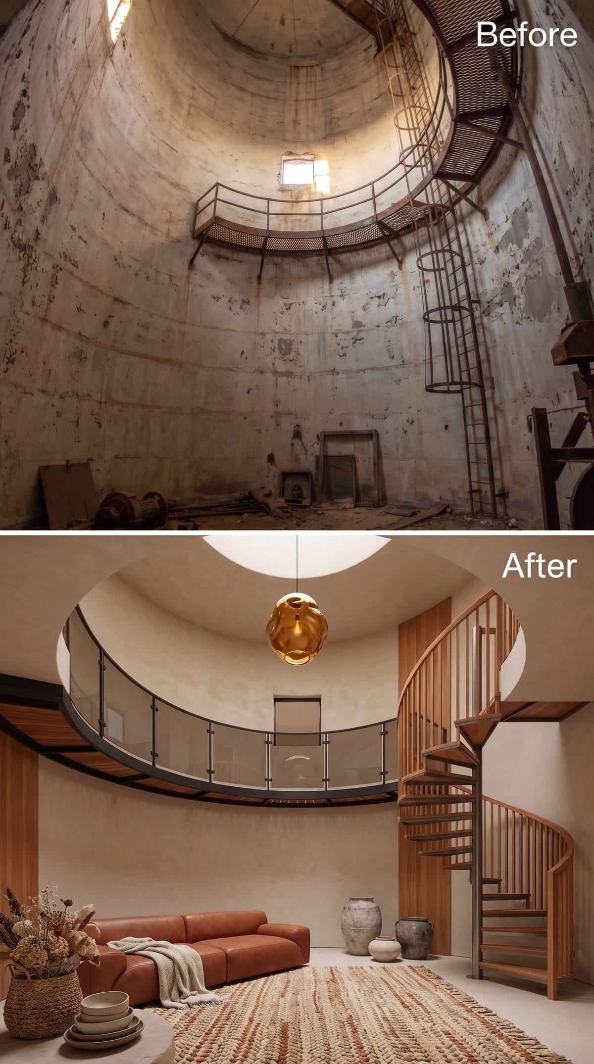Warm Plaster Walls, a Spiral Stair in Oak, and One Pendant That Steals the Room