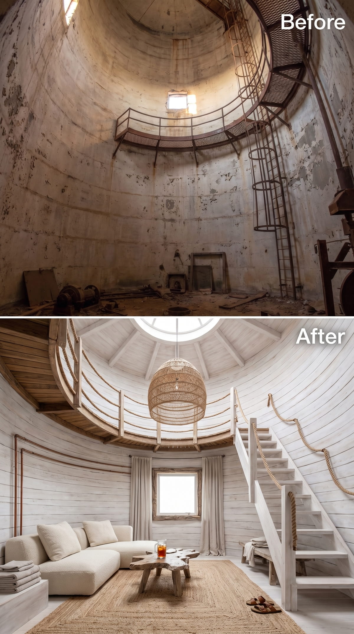 Whitewashed Walls and Rope Railings Inside a Converted Grain Silo