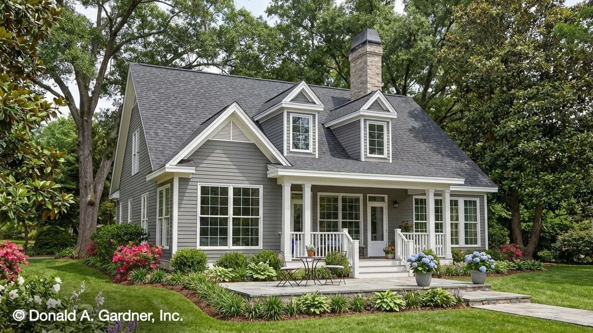 Gray Siding, White Columns, and a Porch Built for Two
