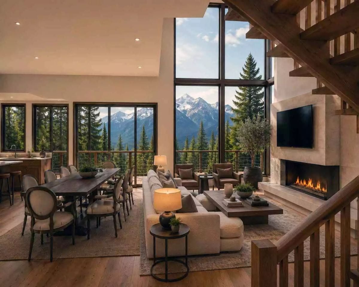 Fireplace on One Side, Snow-Capped Peaks on the Other