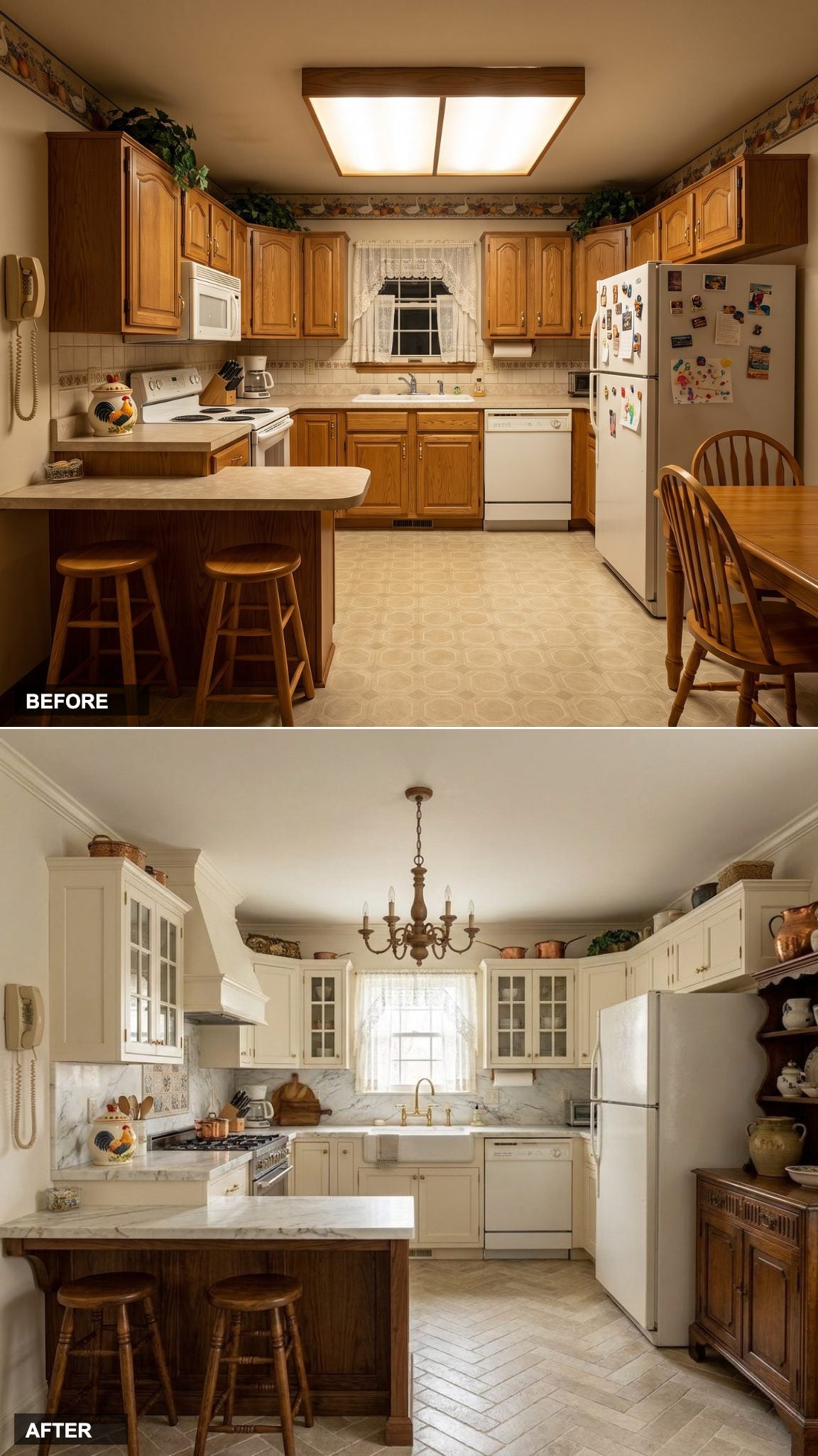 Creamy Inset Cabinetry, a Walnut Island, and Calacatta Marble Give This Old Kitchen an English Country Estate Soul