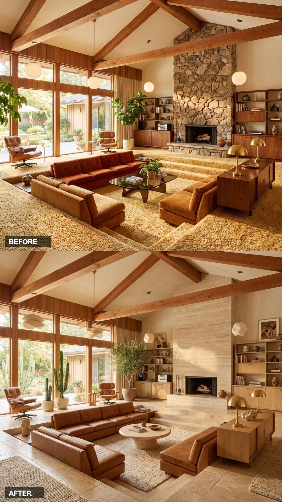 Creamy Microcement and Travertine Turn a Sunken Pit Into Desert Modern Calm