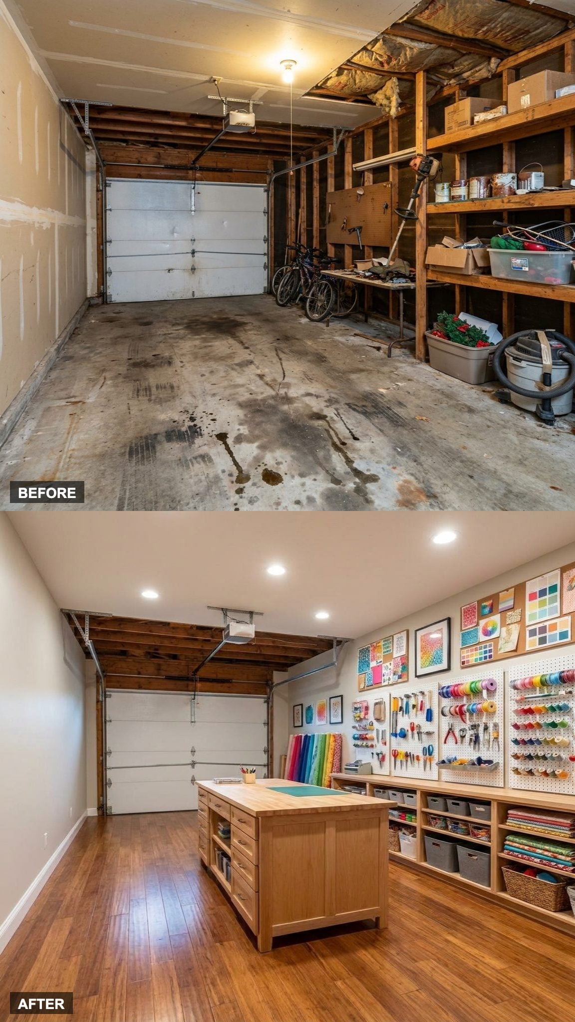 Creative Craft Studio with a Central Island Worktable, Pegboards, and Color That Means Business